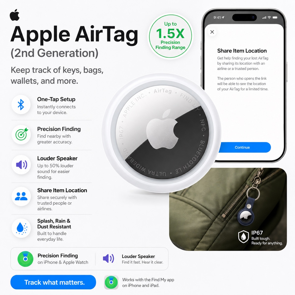 Apple AirTag 2nd Generation tracker for keys wallets bags and luggage