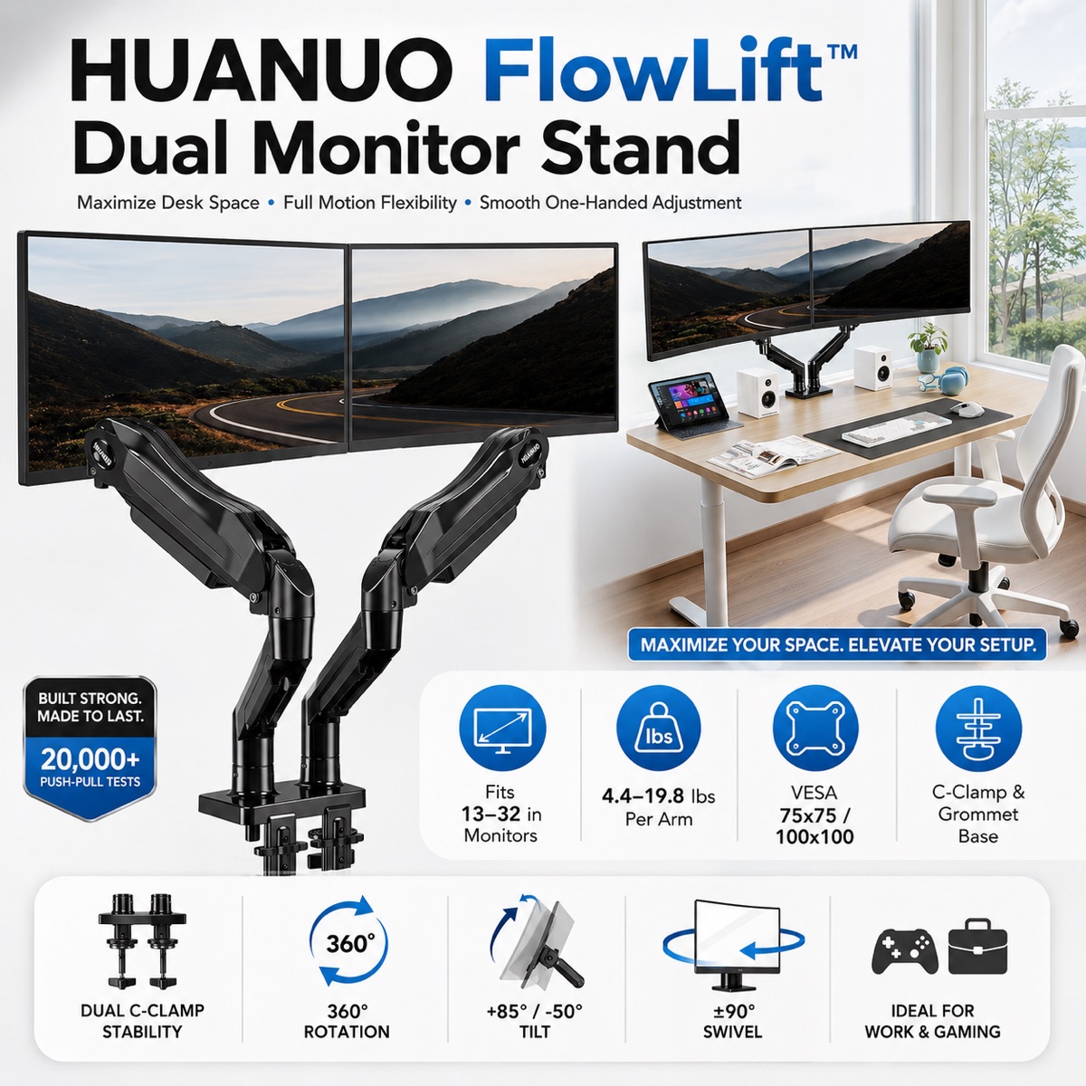HUANUO FlowLift dual monitor stand adjustable desk mount for work gaming and productivity