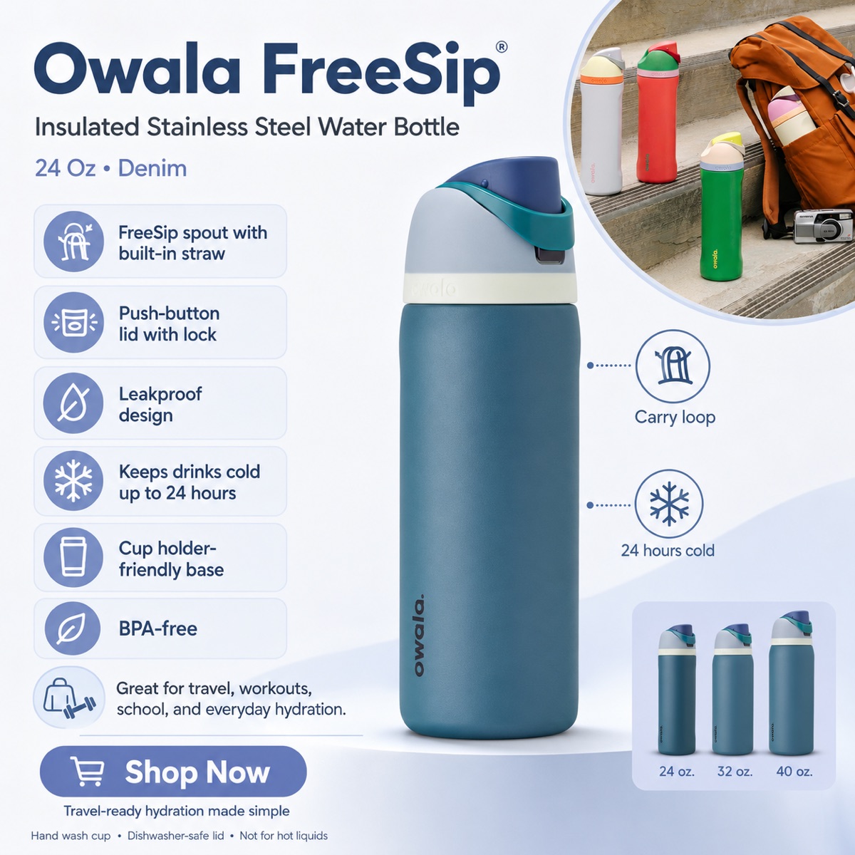 Owala FreeSip 24 oz insulated stainless steel water bottle